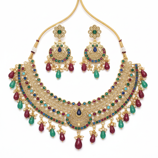 Gold-Toned Ethnic Necklace and Earrings Set