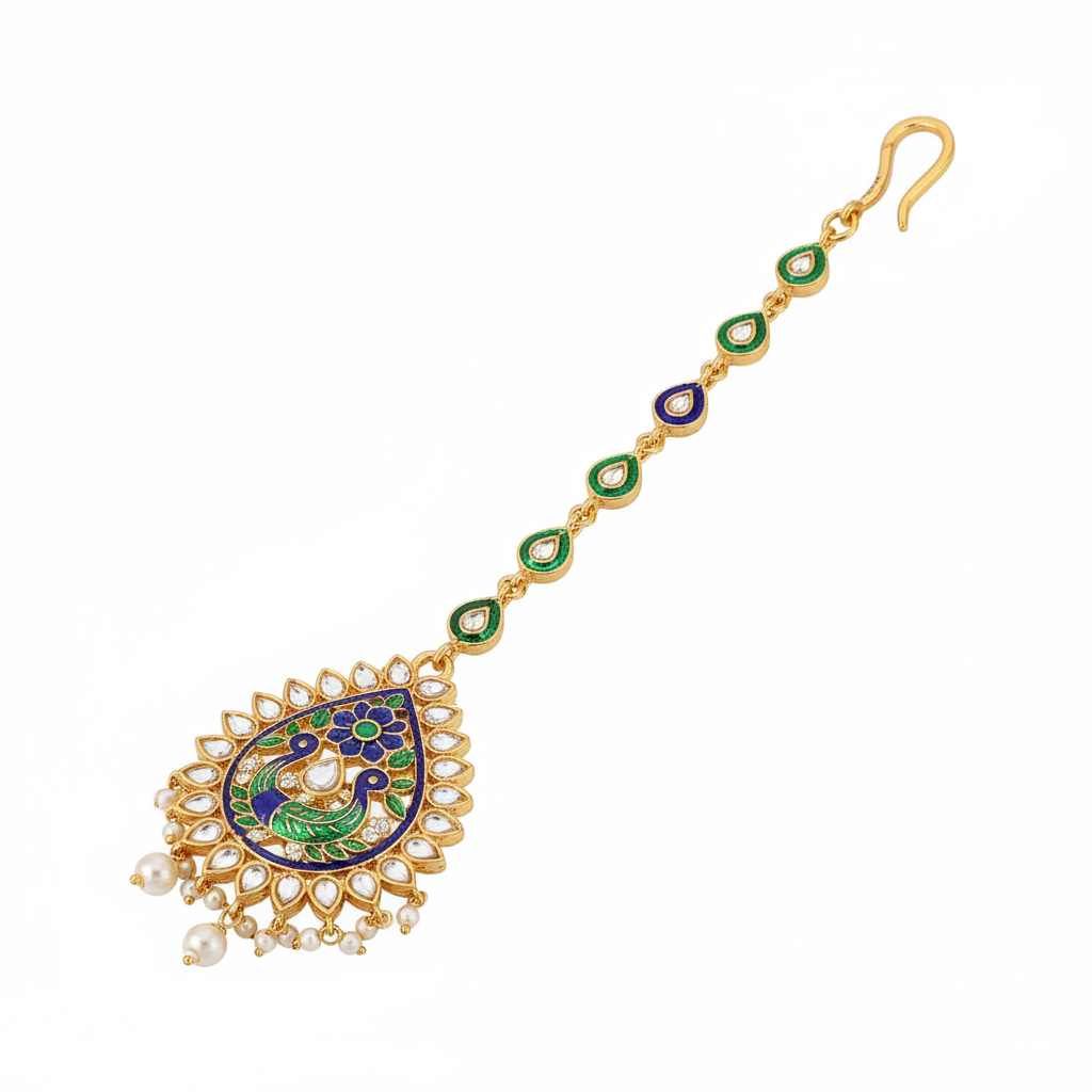 Meenakari Maang Tikka with Blue and Green Enamel Work