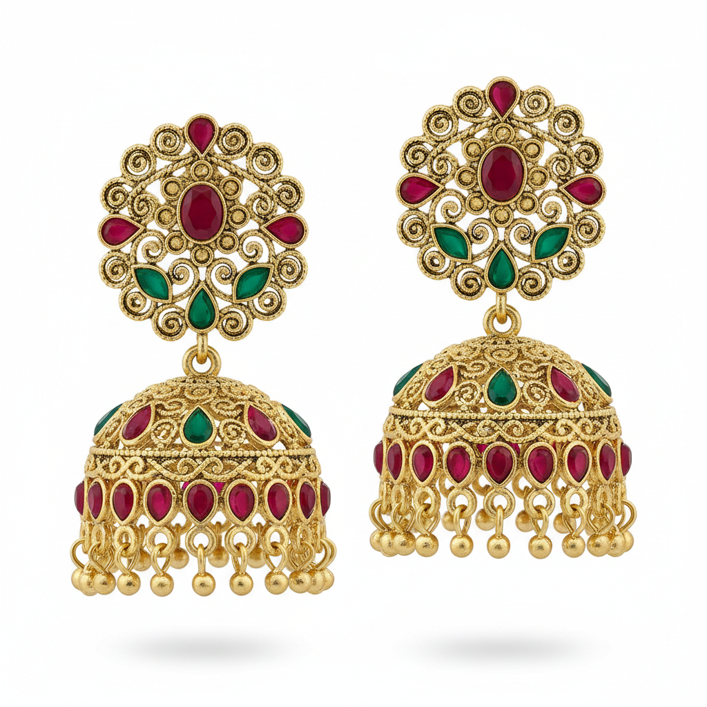Ethnic Jhumka Earrings with Red and Green Stones