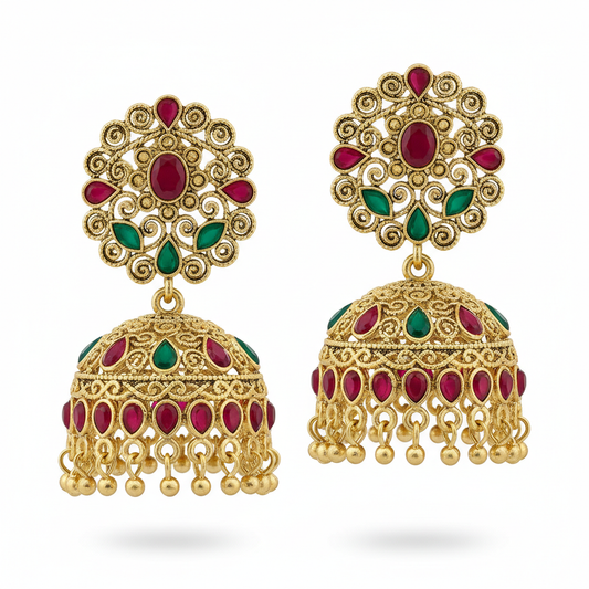 Ethnic Jhumka Earrings with Red and Green Stones