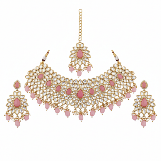 Kundan Choker Necklace Set with White and Pink Stones