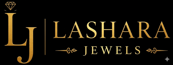 Logo of Lashara Jewels with gold text on a black background